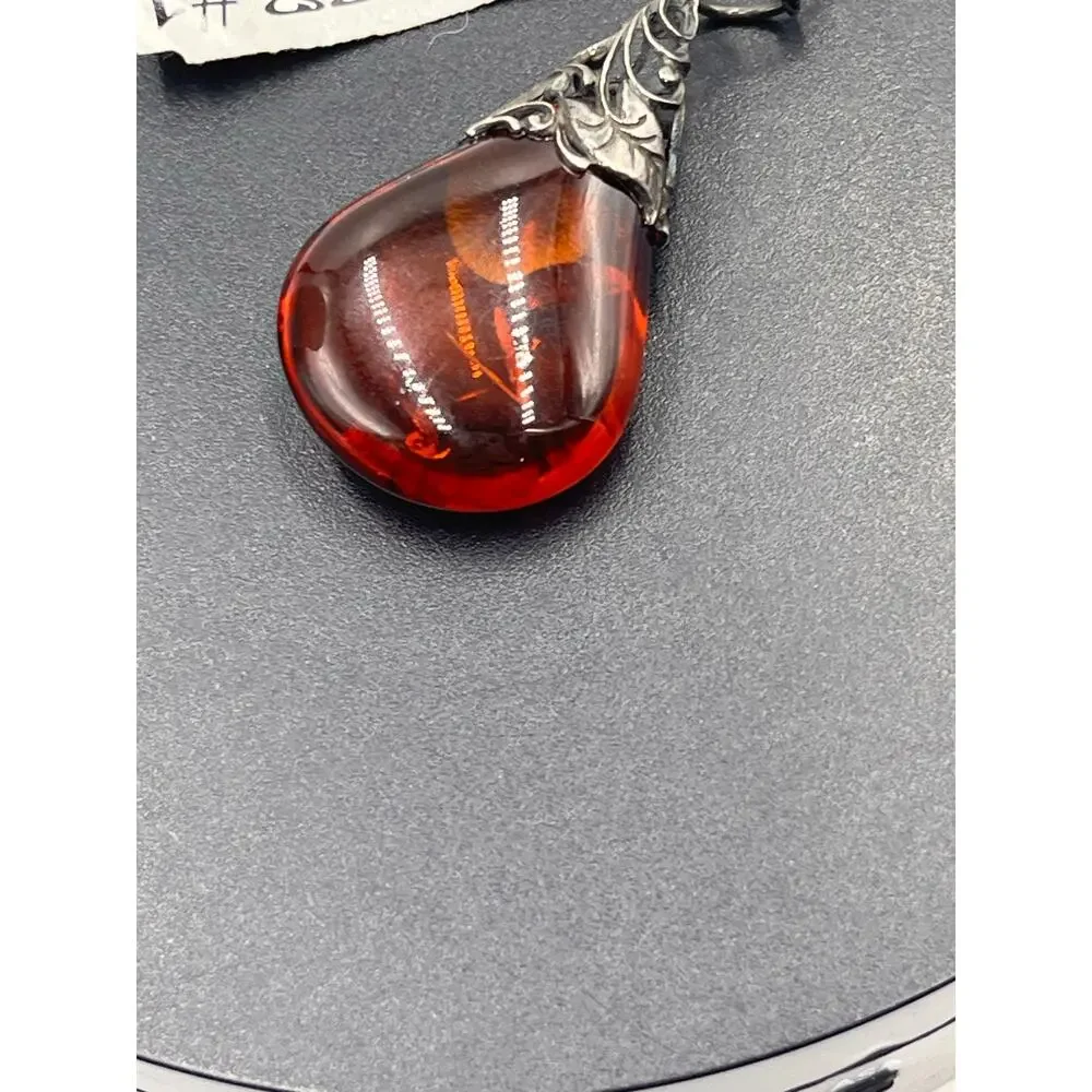 Genuine Dark Baltic Sea Amber Sterling Silver Teardrop Healing Stone Pendant‎